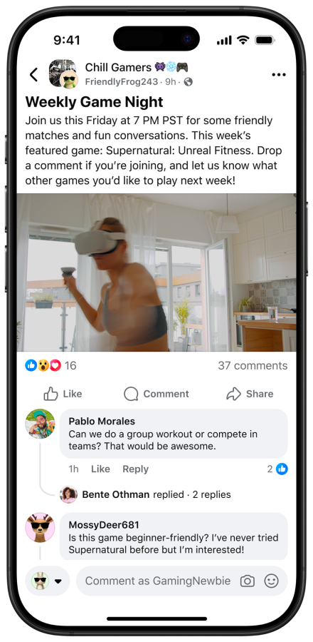 صفحه گروه "Chill Gamers" در فیسبوک که در آن یک پست "Weekly Game Night" با تصویر یک زن در حال استفاده از هدست واقعیت مجازی و نظرات زیر آن نمایش داده شده است.