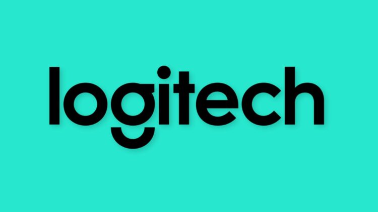 نام و لوگوی مشکی Logitech بر روی یک پسزمینه فیروزهای روشن.