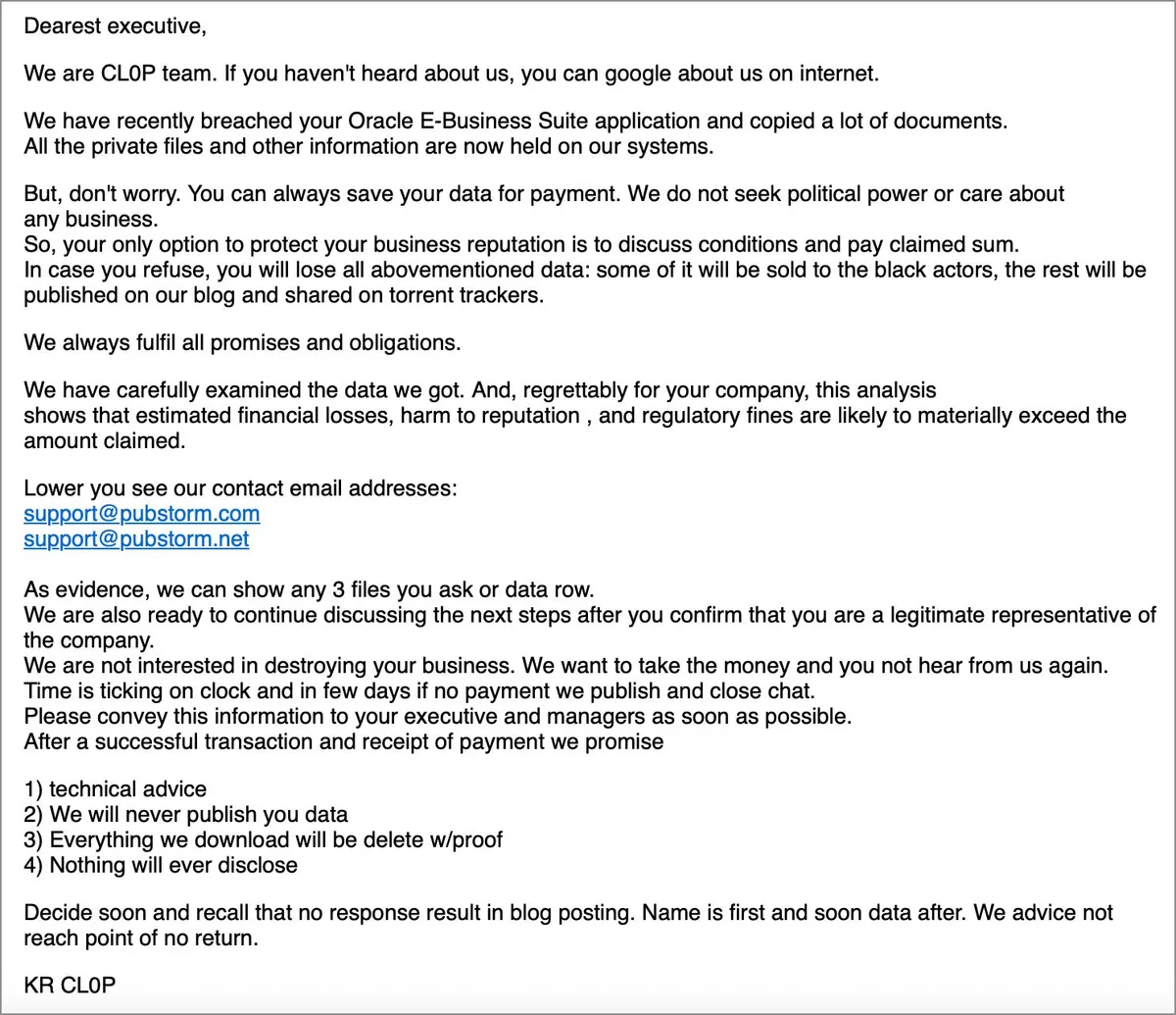 نامه باجگیری متنی از گروه هکری CL0P که ادعا میکند دادهها را از Oracle E-Business Suite دزدیده و تهدید میکند که در صورت عدم پرداخت، اطلاعات را منتشر خواهد کرد.