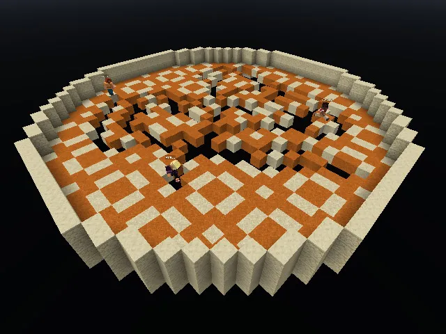 یک نمای هوایی از یک سازه دایره‌ای در بازی ماینکرافت که با بلوک‌های شنی و بلوک‌هایی با رنگ نارنجی و کرم طراحی شطرنجی ایجاد شده است و چندین کاراکتر بازیکن در آن دیده می‌شود.