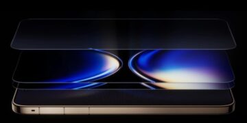 نمای انفجاری از پنل نمایشگر (Display) یک گوشی هوشمند (احتمالاً Huawei Mate 80 Pro Max) که لایه‌های شیشه‌ای محافظ و صفحه نمایش با پس‌زمینه رنگارنگ و روشن را نشان می‌دهد.