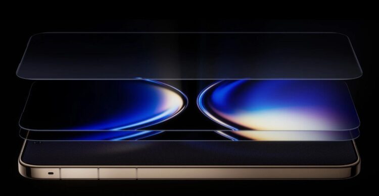 نمای انفجاری از پنل نمایشگر (Display) یک گوشی هوشمند (احتمالاً Huawei Mate 80 Pro Max) که لایههای شیشهای محافظ و صفحه نمایش با پسزمینه رنگارنگ و روشن را نشان میدهد.