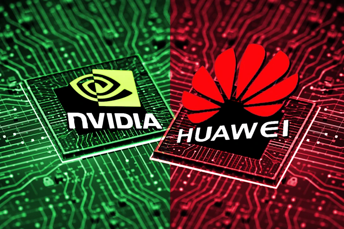 لوگوی NVIDIA (زرد و سبز) و لوگوی Huawei (قرمز) به صورت تراشه بر روی یک برد مدار چاپی که به صورت سبز و قرمز تقسیم شده است.