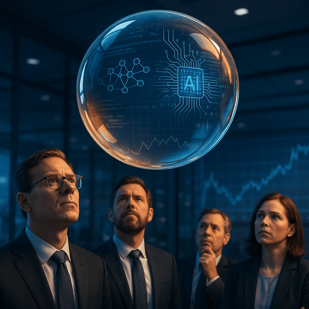 چهار فرد با لباس رسمی (دو مرد و دو زن) در حال نگاه کردن به یک حباب بزرگ شیشه‌ای معلق که داخل آن تراشه هوش مصنوعی و نمودارهای دیجیتالی دیده می‌شود.
