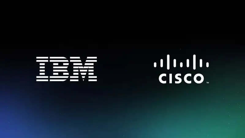 لوگوی IBM و CISCO به رنگ سفید در یک پسزمینه تیره که نشاندهنده همکاری این دو شرکت است.