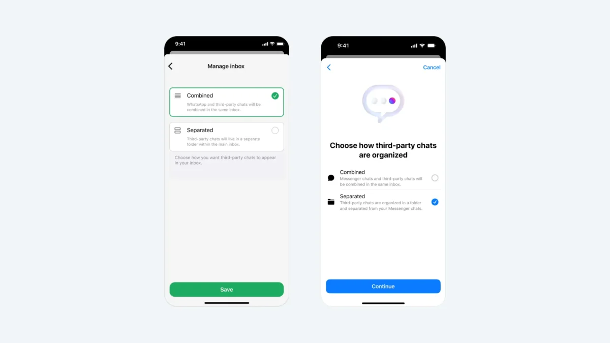 دو اسکرین‌شات از رابط کاربری برنامه پیام‌رسان (شبیه به واتساپ) در حال نشان دادن فرآیند فعال‌سازی چت‌های شخص ثالث و نمایش چت‌های موجود.