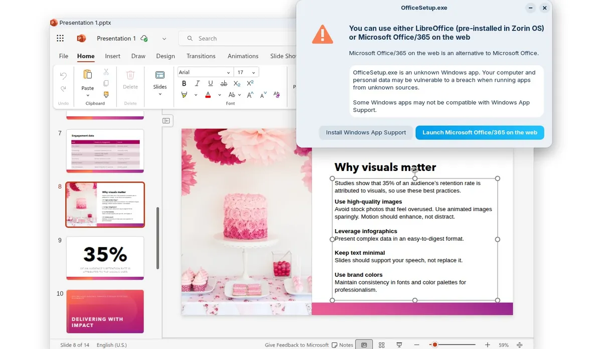 یک حباب گفتگو در ویندوز ۱۰ که به کاربر اطلاع میدهد OfficeSetup.exe یک برنامه ویندوزی ناشناخته است و گزینههایی برای استفاده از LibreOffice یا Office/365 تحت وب را پیشنهاد میدهد.