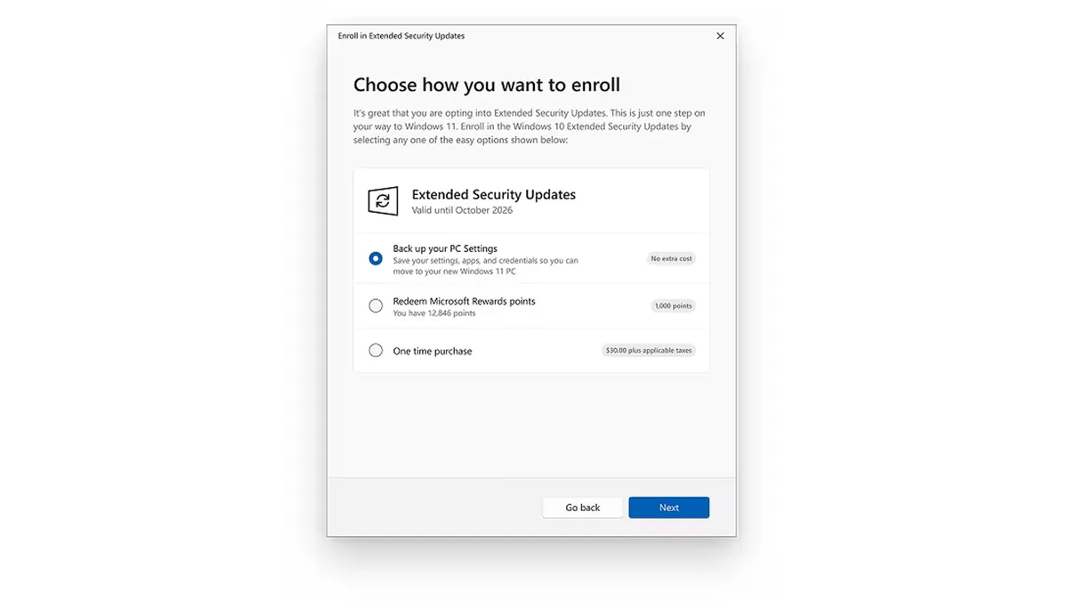 رابط کاربری یک پنجره ویندوز (شبیه به ویندوز ۱۰) که گزینههای ثبتنام در "Extended Security Updates" را با هزینههای مختلف (مانند "One time purchase $50.00") برای کاربرانی که میخواهند ویندوز ۱۱ را نادیده بگیرند، نشان میدهد.