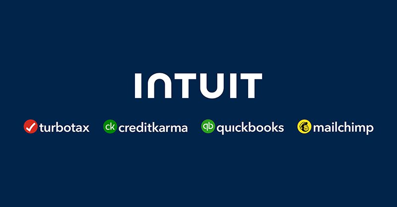 لوگوی سفید "INTUIT" به همراه لوگوی شرکت‌های زیرمجموعه آن: TurboTax، Credit Karma، QuickBooks و Mailchimp، که روی یک پس‌زمینه آبی تیره قرار گرفته‌اند.