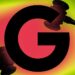 لوگوی بزرگ Google (حرف G مشکی) که دو چکش قضاوت (Gavel) از دو طرف در حال ضربه زدن به آن هستند، در یک پسزمینه با گرادیانت قرمز و زرد.