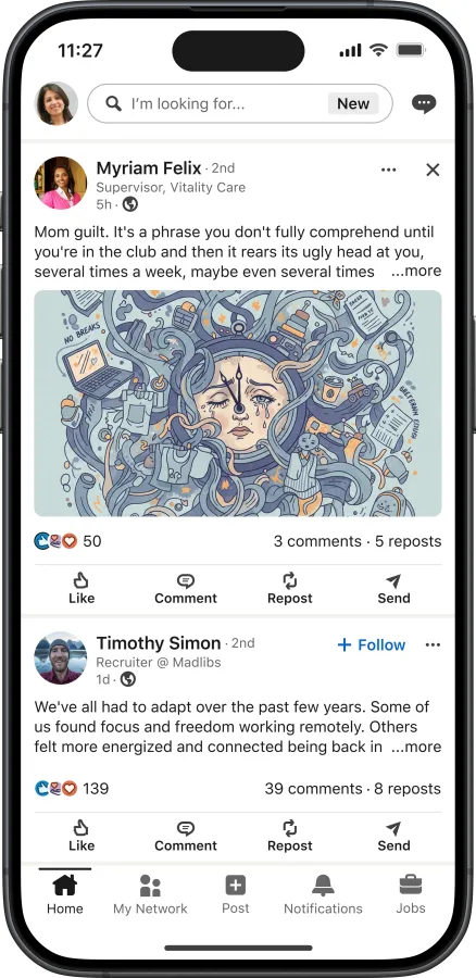 نمای دسکتاپ وب‌سایت لینکدین که ویژگی جستجوی افراد با هوش مصنوعی جدید را با کادرهای پیشنهادی جستجو نشان می‌دهد که روی صفحه اصلی نمایش داده شده است.