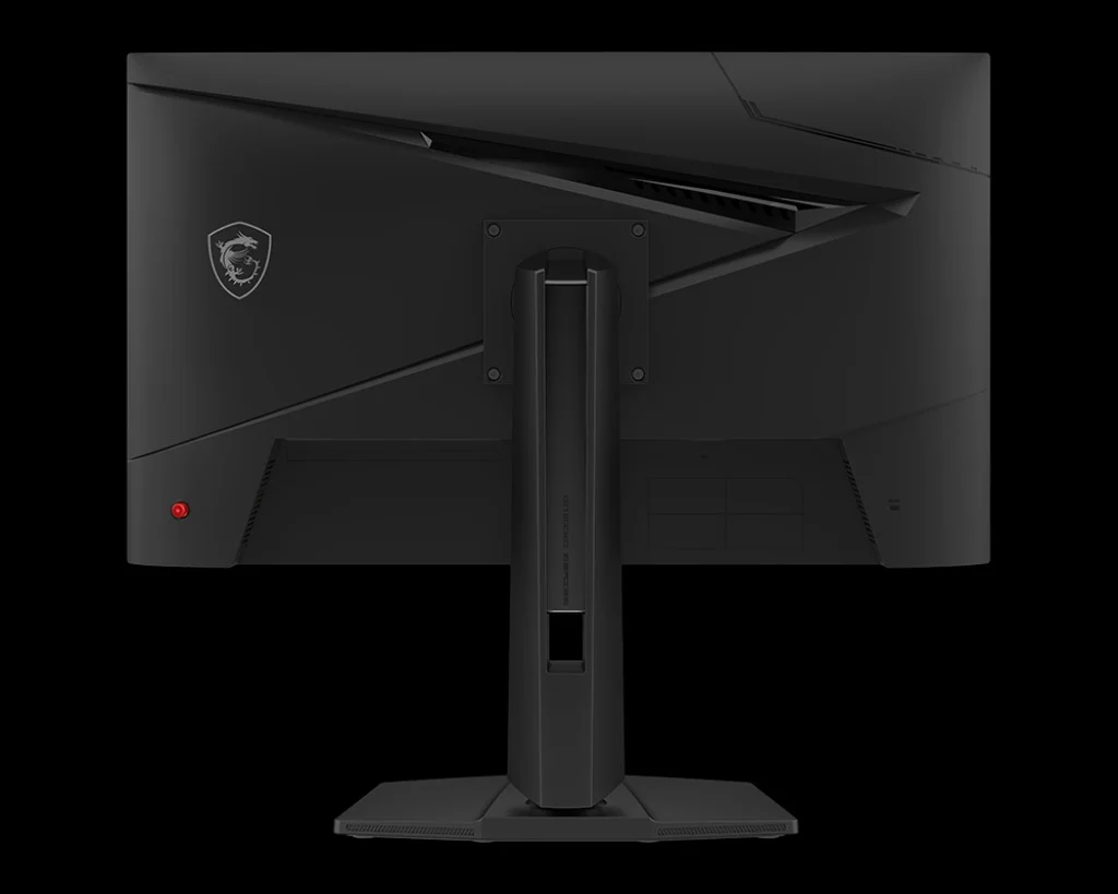 نمای پشت مانیتور گیمینگ MSI MAG 274QPF X32 به رنگ مشکی، که الگوی طراحی و پایه آن دیده می‌شود.