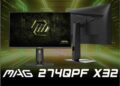 رندر مانیتور MSI MAG 274QPF X32 که لوگوی MAG (به رنگ زرد نئونی) را بر روی یک پسزمینه بافتدار و تیره نمایش میدهد.