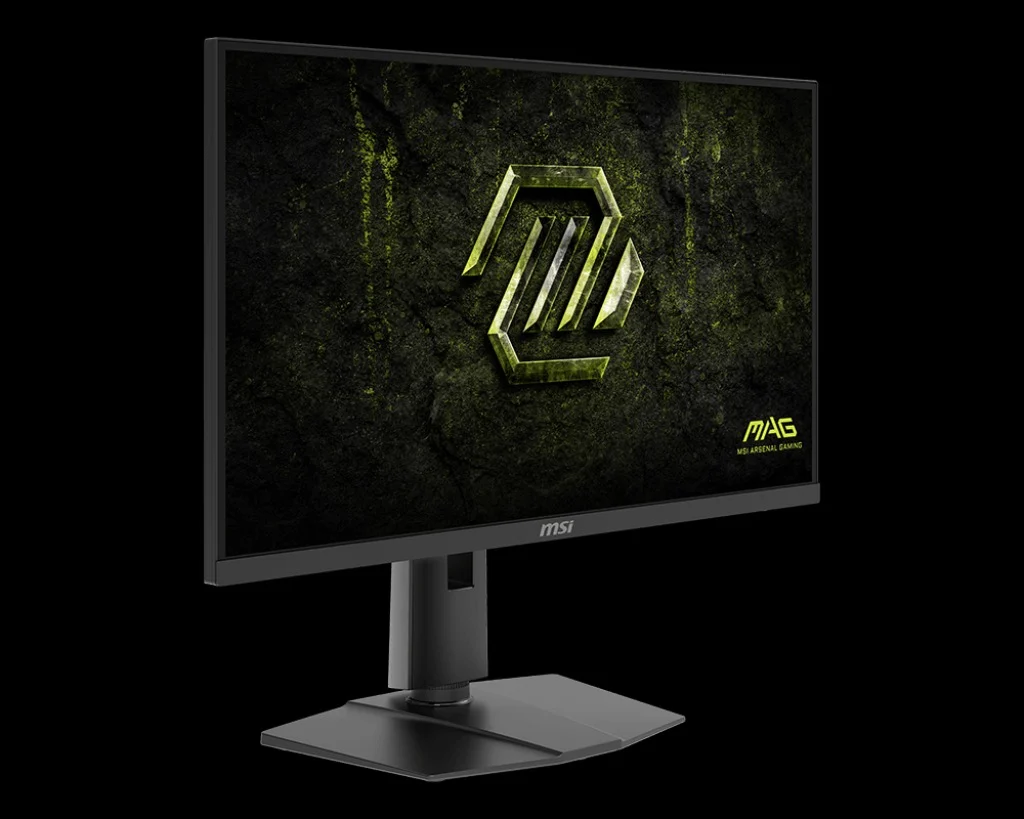 رندر مانیتور MSI MAG 274QPF X32 که نمای جلویی و پشتی آن با لوگوی "MAG 274QPF X32" در پایین دیده می‌شود.