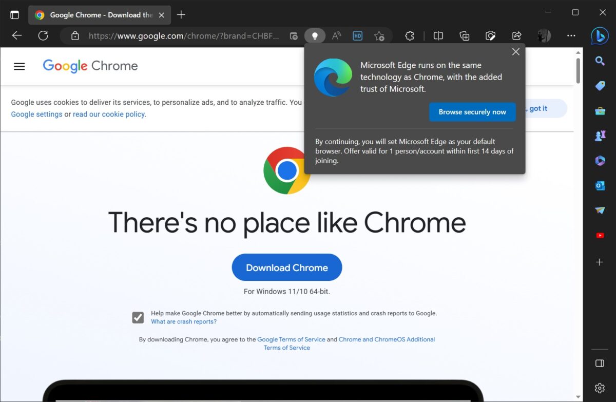 یک صفحه وب که در آن تلاش برای دانلود Google Chrome در حال انجام است، اما یک پنجره پاپآپ تبلیغاتی از Microsoft Edge ظاهر شده و کاربر را به استفاده از Edge دعوت میکند.