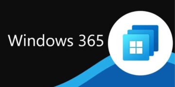 لوگوی Windows 365 و نماد آن (سه لایه مربع آبی با لوگوی ویندوز)، که بر روی یک پس‌زمینه سیاه و آبی قرار گرفته است.