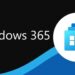 لوگوی Windows 365 و نماد آن (سه لایه مربع آبی با لوگوی ویندوز)، که بر روی یک پسزمینه سیاه و آبی قرار گرفته است.
