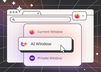 یک پنجره مرورگر انتزاعی Firefox که منویی با سه گزینه "Current Window"، "AI Window" و "Private Window" را نشان می‌دهد و نشانگر ماوس روی "AI Window" است.
