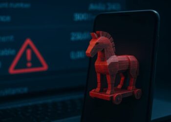 یک رندر از اسب تروجان (Trojan Horse) به رنگ قرمز روی صفحه گوشی هوشمند، که در مقابل صفحه‌ی یک کامپیوتر با هشدارهای بانکی و علامت خطر قرار گرفته است.