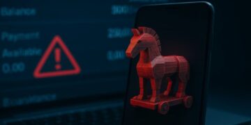 یک رندر از اسب تروجان (Trojan Horse) به رنگ قرمز روی صفحه گوشی هوشمند، که در مقابل صفحهی یک کامپیوتر با هشدارهای بانکی و علامت خطر قرار گرفته است.