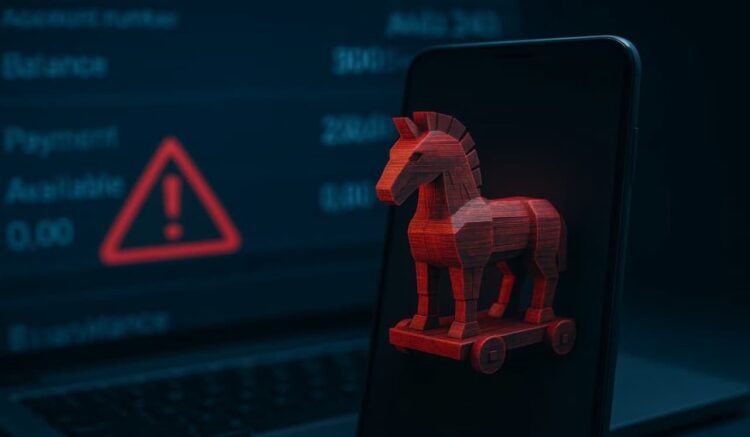 یک رندر از اسب تروجان (Trojan Horse) به رنگ قرمز روی صفحه گوشی هوشمند، که در مقابل صفحه‌ی یک کامپیوتر با هشدارهای بانکی و علامت خطر قرار گرفته است.