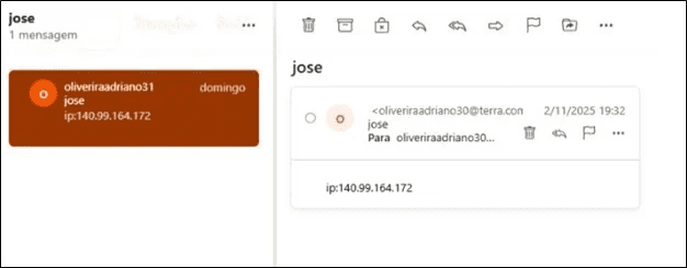 دو اسکرین‌شات از چت‌باکس با کاربر "jose" که حاوی یک پیام IP آدرس است؛ این پیام در هر دو برنامه ایمیل و پیام‌رسان (یا نوتیفیکیشن) نمایش داده شده است.