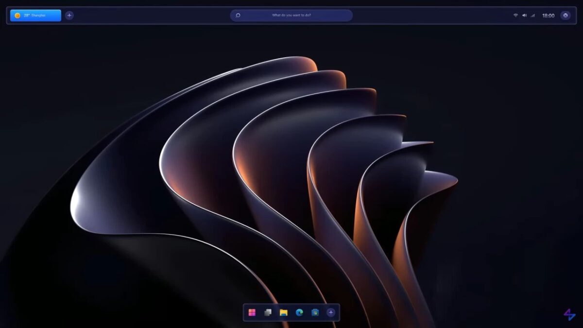 یک رندر مفهومی از دسکتاپ ویندوز با طرح رنگ تیره، که منوی شروع شیشه‌ای (Glass Start Menu) را با آیکون‌های برنامه‌های پین‌شده و توصیه‌شده نشان می‌دهد.