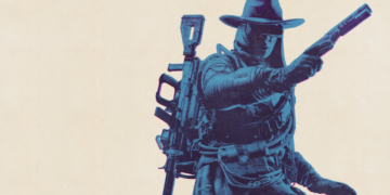 دو شخصیت بازی ویدئویی در زره و لباسهای نظامی (یکی با فیلتر نارنجی/قرمز و دیگری در جلو با لباس سفید و قرمز) در مقابل یک پسزمینه تاریک با نوارهای رنگی روشن در سمت چپ.