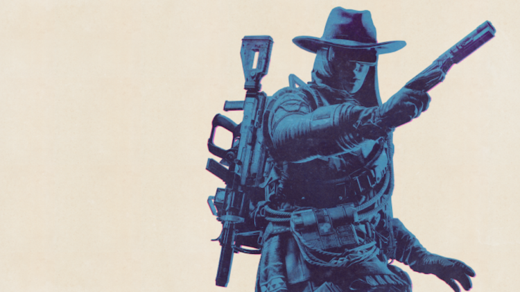 دو شخصیت بازی ویدئویی در زره و لباس‌های نظامی (یکی با فیلتر نارنجی/قرمز و دیگری در جلو با لباس سفید و قرمز) در مقابل یک پس‌زمینه تاریک با نوارهای رنگی روشن در سمت چپ.