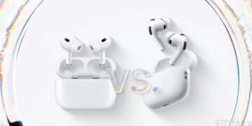 مقایسه دو نسل از AirPods Pro (یا شایعات نسل بعدی) که کیس شارژ هر دو باز است و کلمه "VS" در مرکز دیده میشود، با جلوههای نوری منحنی در پسزمینه سفید.