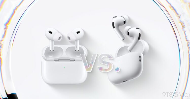 مقایسه دو نسل از AirPods Pro (یا شایعات نسل بعدی) که کیس شارژ هر دو باز است و کلمه "VS" در مرکز دیده میشود، با جلوههای نوری منحنی در پسزمینه سفید.