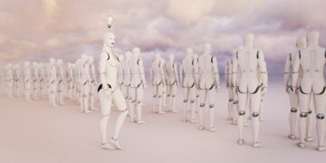 گروهی از رباتهای انساننما در یک محیط باز و کمرنگ، که یکی از رباتها با یک حباب نورانی بالای سرش رو به جلو ایستاده است در حالی که بقیه پشت کردهاند.