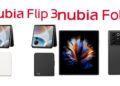 رندر گوشیهای تاشوی Nubia Flip 3 (تاشوی عمودی) و Nubia Fold (تاشوی کتابی) که طرحهای مختلف و ماژولهای دوربین پشتی آنها دیده میشود.