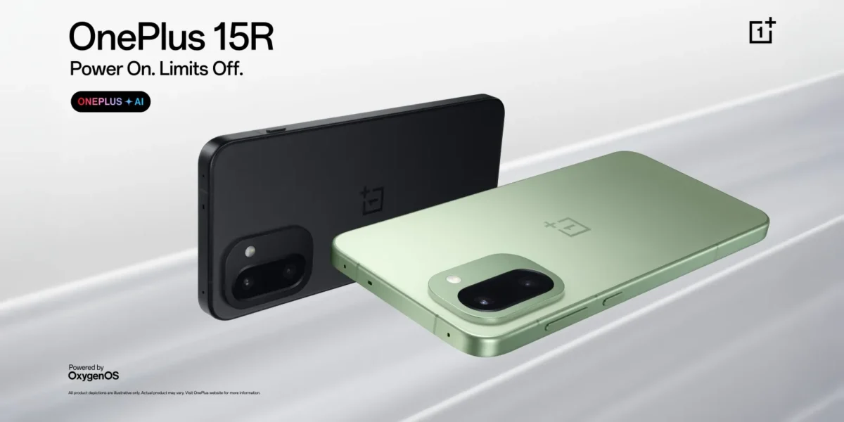 رندر گوشی OnePlus 15R در رنگهای مشکی و سبز روشن، که از نمای پشتی دیده میشوند و عبارت "OnePlus + AI" در بالا و "Powered by OxygenOS" در پایین دیده میشود.