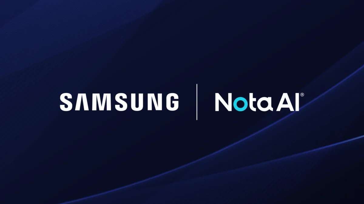 لوگوی Samsung و Nota AI بر روی یک پس‌زمینه آبی تیره که نشان‌دهنده همکاری برای بهینه‌سازی مدل‌های هوش مصنوعی است.