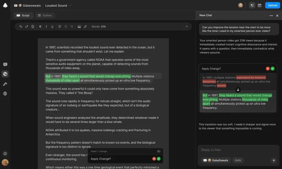 رابط کاربری Palo Write، که یک متن را برای ویرایش هوش مصنوعی نشان می‌دهد و کادر جانبی ابزارهای ویرایش هوش مصنوعی را با پیشنهادهایی برای تغییر لحن ارائه می‌کند.