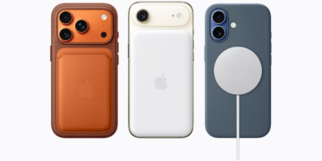 سه گوشی آیفون با قابهای مختلف MagSafe: یکی با کیف چرمی و نگهدارنده کارت، دیگری با باتری پک سفید و سومی با شارژر MagSafe متصل.