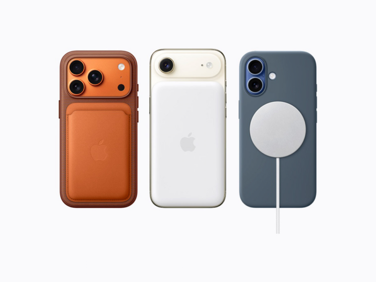 سه گوشی آیفون با قاب‌های مختلف MagSafe: یکی با کیف چرمی و نگهدارنده کارت، دیگری با باتری پک سفید و سومی با شارژر MagSafe متصل.
