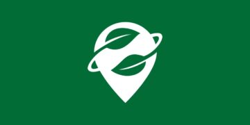 لوگوی سفید رنگ یک نشانگر موقعیت مکانی که دو برگ سبز در داخل آن قرار دارد، بر روی پسزمینه سبز تیره.