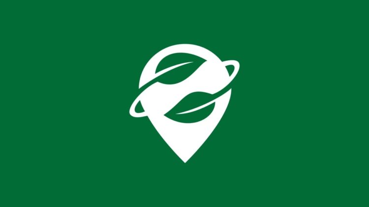 لوگوی سفید رنگ یک نشانگر موقعیت مکانی که دو برگ سبز در داخل آن قرار دارد، بر روی پس‌زمینه سبز تیره.