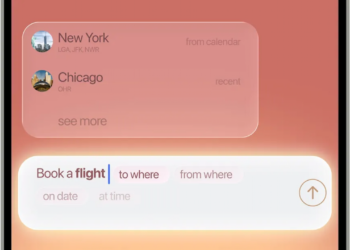 رابط کاربری با متن ورودی "Book a flight" که تکمیل خودکار هوش مصنوعی مقاصد اخیر مانند "New York" و "Chicago" را از تقویم پیشنهاد می‌کند.