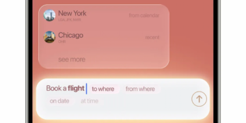 رابط کاربری با متن ورودی "Book a flight" که تکمیل خودکار هوش مصنوعی مقاصد اخیر مانند "New York" و "Chicago" را از تقویم پیشنهاد می‌کند.