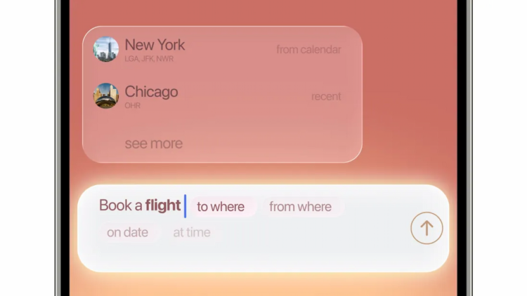رابط کاربری با متن ورودی "Book a flight" که تکمیل خودکار هوش مصنوعی مقاصد اخیر مانند "New York" و "Chicago" را از تقویم پیشنهاد می‌کند.