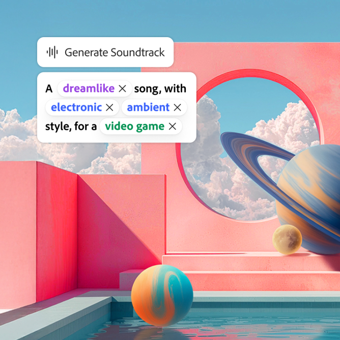 یک پرامپت (Prompt) هوش مصنوعی برای تولید موسیقی با تگ‌های "dreamlike"، "electronic" و "ambient" در یک محیط هنری و انتزاعی با المان‌های فضایی و معماری صورتی.