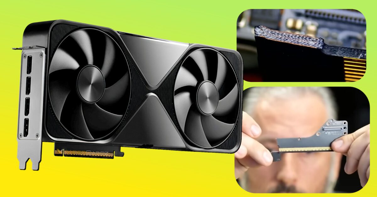 کلاژی که یک کارت گرافیک NVIDIA RTX PRO 6000 را نشان میدهد، با دو عکس کوچک دیگر که نمای نزدیک از یک کانکتور طلایی شکسته و یک مرد که قطعات شکسته را در دست دارد.