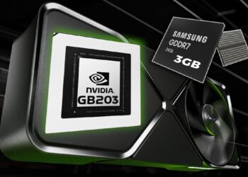 لوگوی Nvidia GB203 و یک ماژول حافظه Samsung GDDR7 (ظرفیت 3GB) که به صورت سهبعدی روی یک کارت گرافیک رندر شده با نورپردازی سبز قرار گرفتهاند.