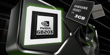 لوگوی Nvidia GB203 و یک ماژول حافظه Samsung GDDR7 (ظرفیت 3GB) که به صورت سهبعدی روی یک کارت گرافیک رندر شده با نورپردازی سبز قرار گرفتهاند.