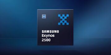یک چیپست Samsung Exynos 2500 با لوگوی ۵G و نماد شبکه آبی در مرکز، بر روی پس‌زمینه آبی تیره.