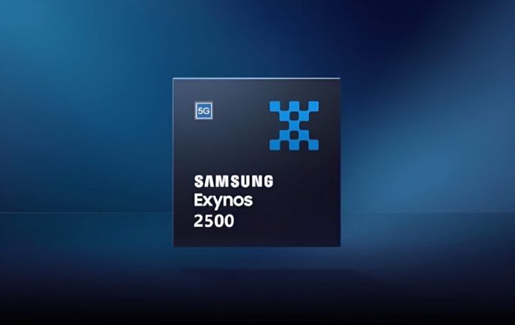 یک چیپست Samsung Exynos 2500 با لوگوی ۵G و نماد شبکه آبی در مرکز، بر روی پس‌زمینه آبی تیره.