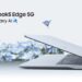 لپتاپ Samsung Galaxy Book 5 Edge 5G در حالت کمی باز شده در مقابل پسزمینهای از گلهای آبی محو و عبارت "Galaxy Book5 Edge 5G Galaxy AI".